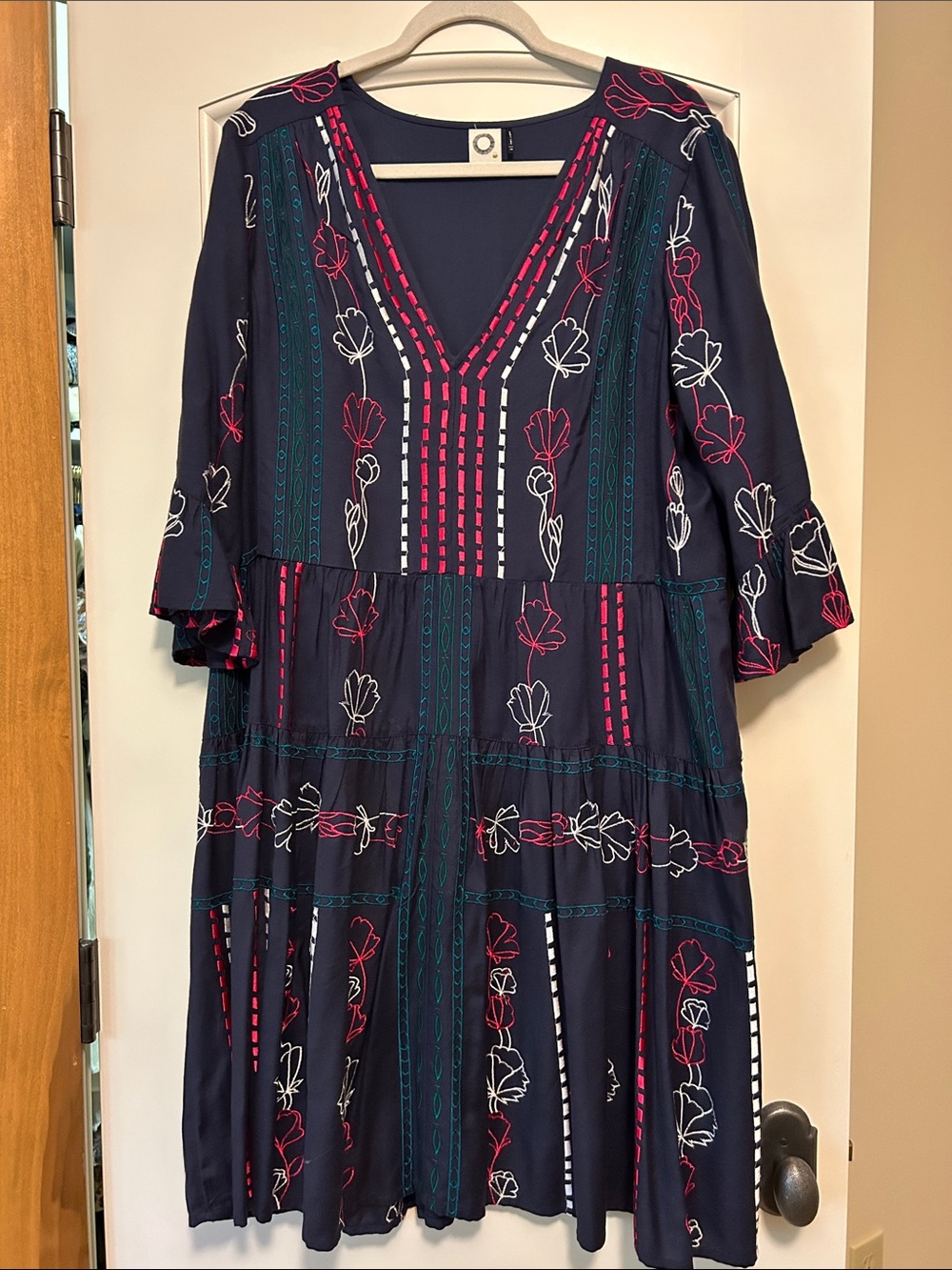 LAST CHANCE Navy Floral V-Neck  Midi Dress with Pink &White Embroidery Accents